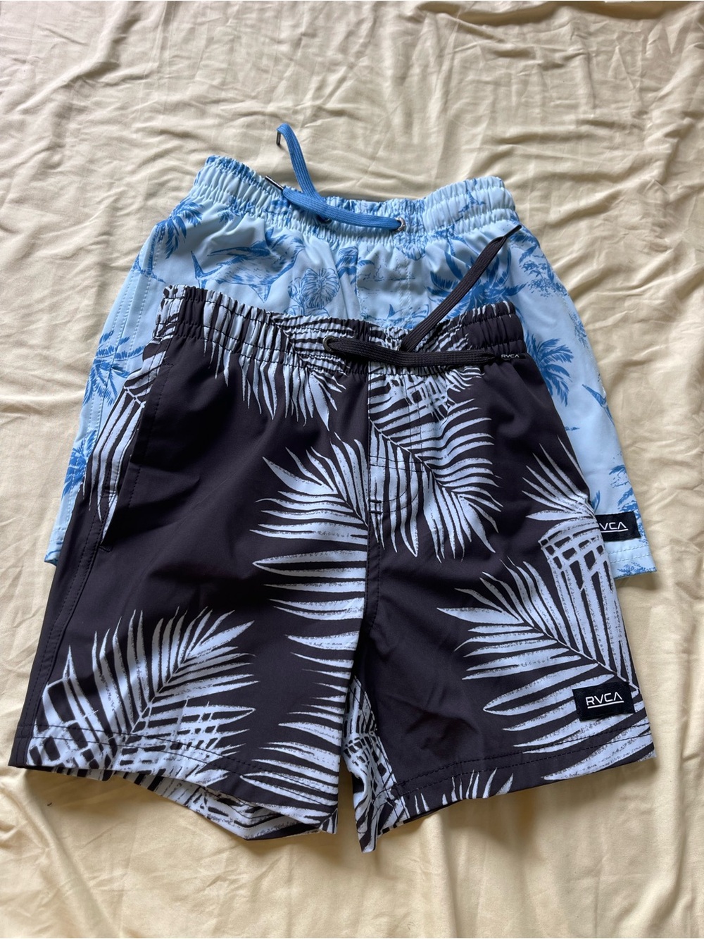 RVCA Boys Black and Light Blue Palm-Print Swim Shorts Set